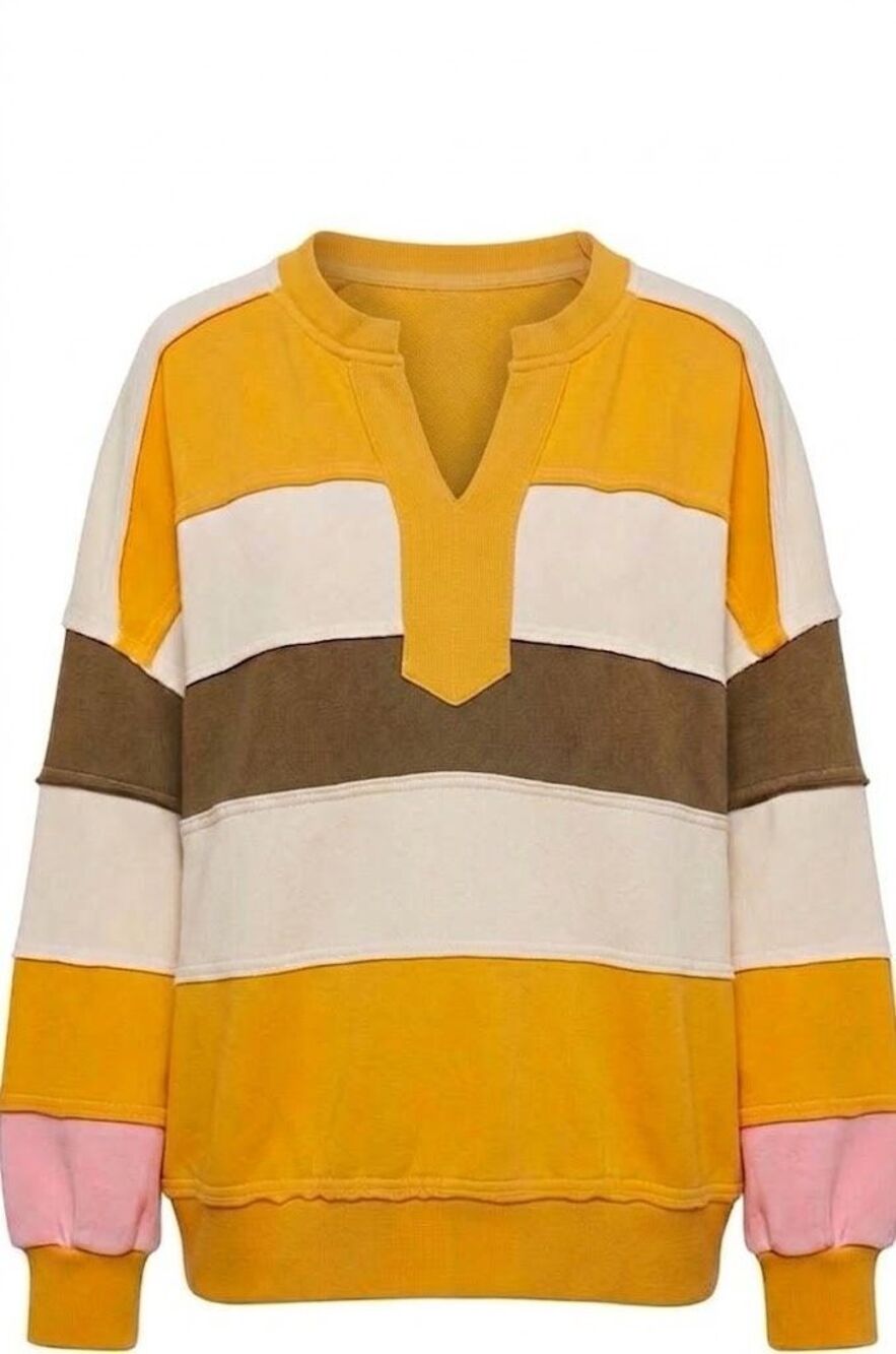 E1983. Easel Marigold Rugby Oversized Horizontal Striped Color Block Pullover